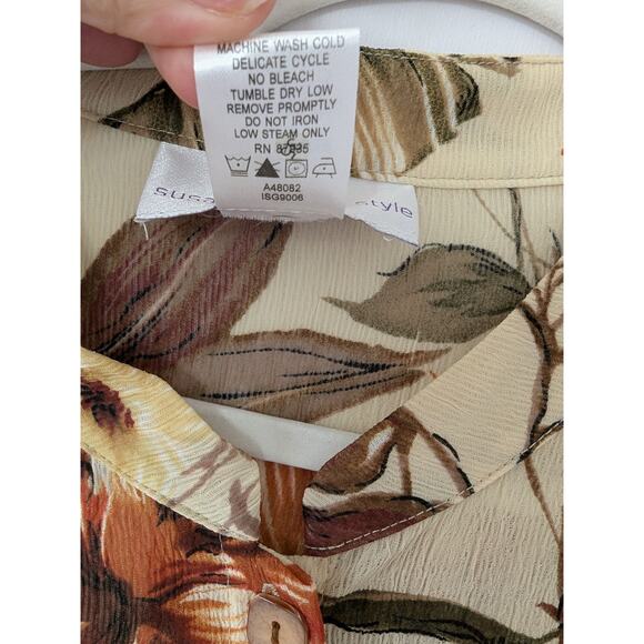 Susan Garver Brown Tan Floral Button-up Hawaiian Shirt Sheer Gauze Light‎ Sz 2X - Picture 4 of 6